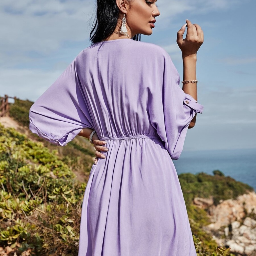 lilac floral print embroidered v neck spring dress - Picture 7 of 8